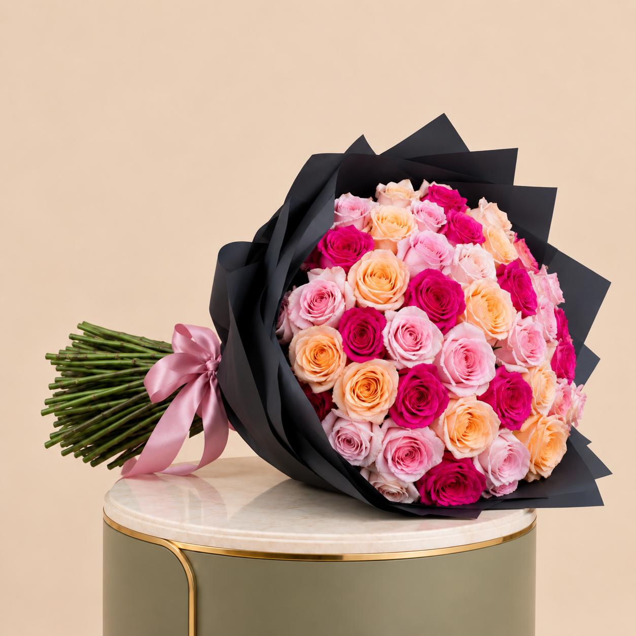 Pink & Peach Rose Bouquet with Black Wrap | 50 Roses 2