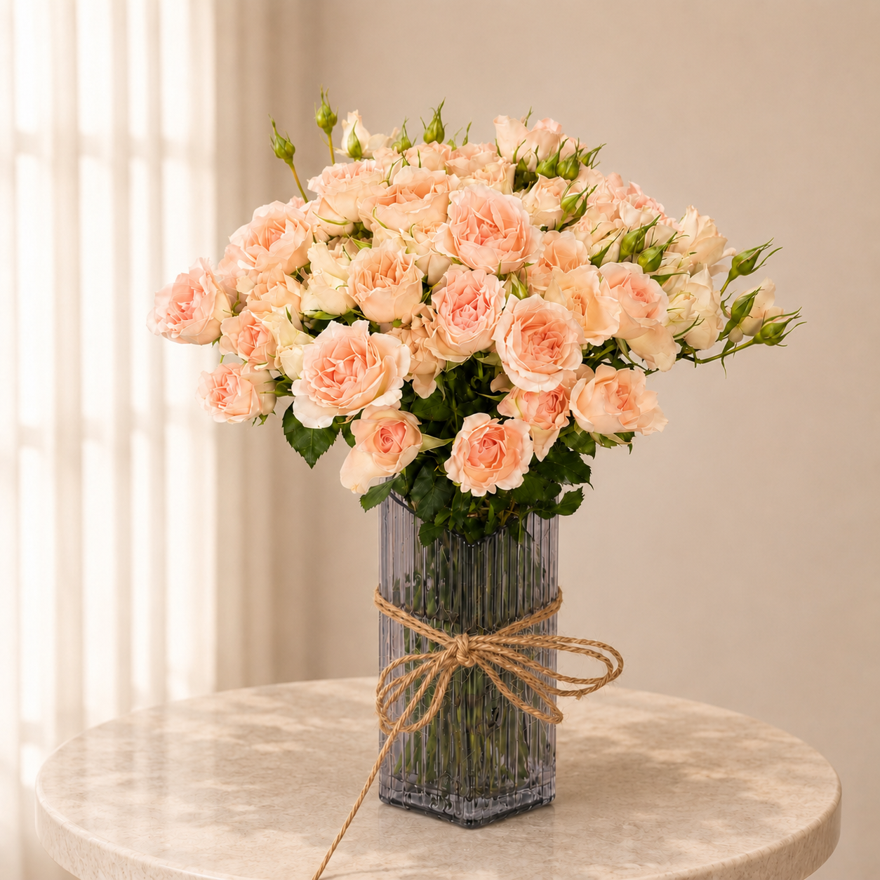 Luxury Peach Spray Rose Arrangement | Fresh Spray Roses in Elegant Glass Vase | Flori Mart Qatar