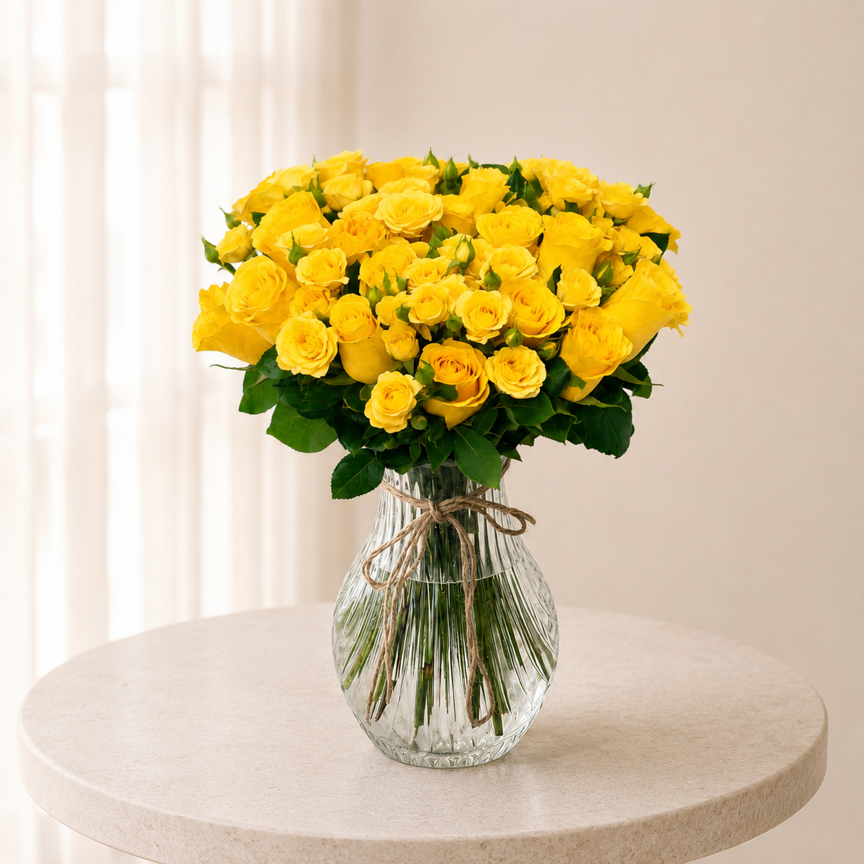 Luxury Yellow Rose Arrangement in Elegant Crystal Glass Vase | Premium Fresh Roses | Flori Mart Qatar