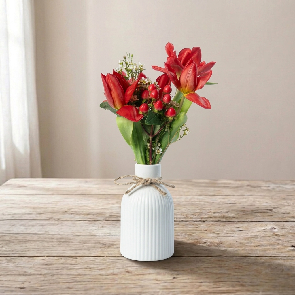 Red Tulip Arrangement with Hypericum Berries in Elegant White Vase | Luxury Modern Floral Gift