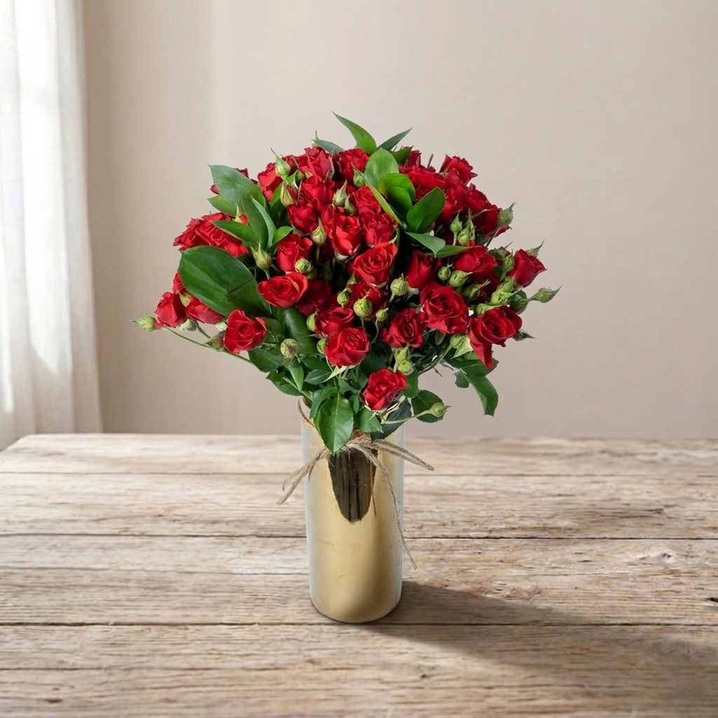 Luxury Red Spray Rose Arrangement in Elegant Gold Vase | Romantic Floral Gift