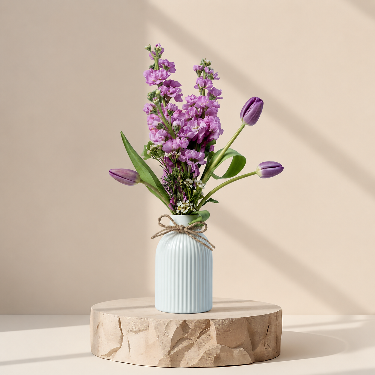 Lavender Tulip & Stock Flower Arrangement in Ceramic Vase | Elegant Spring Flowers | Flori Mart Qatar