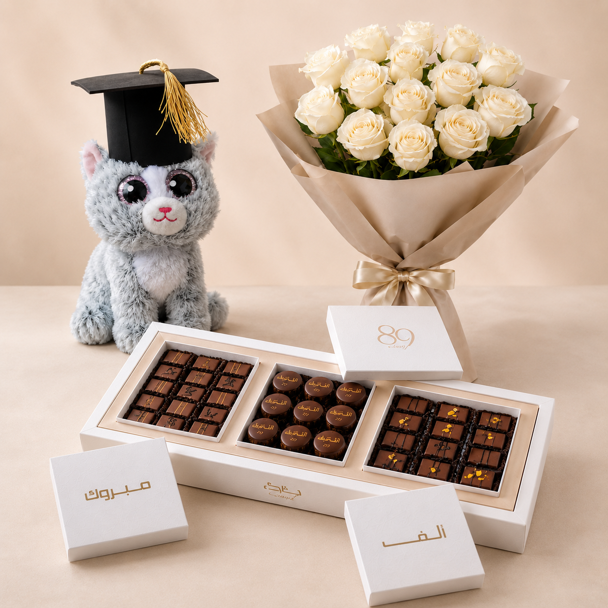 Luxury White Rose Bouquet with Congratulations Chocolate Box & Ty Kiki Grey Cat