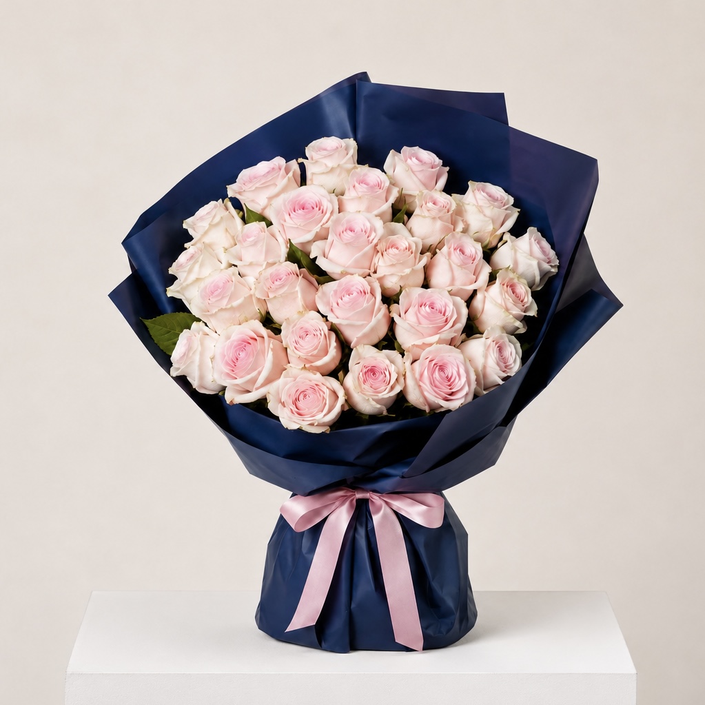 Luxury Medium Light Pink Rose Bouquet in Navy Wrapping | 25 Premium Roses 3