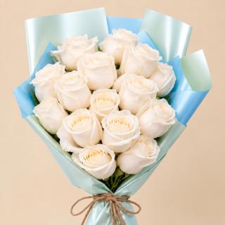 White Rose Bouquet with Blue Wrap | 15 Roses 3