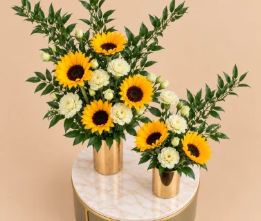 Sunflower & Green Carnation in Two Gold Vases 3
