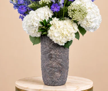 White Hydrangea & Blue Delphinium in Grey Vase 2