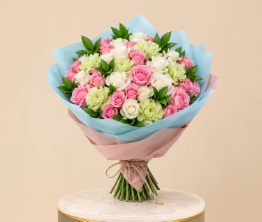 Pink & White Rose Bouquet with Green Carnations