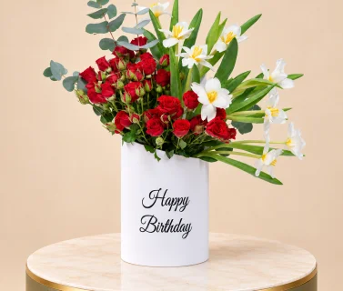 Red Spray Roses & White Alstroemeria with Eucalyptus in Birthday Box 2
