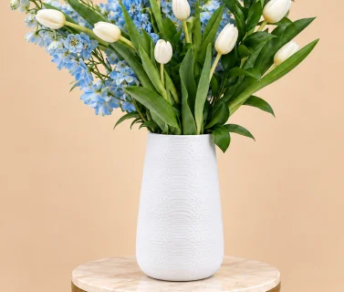 Blue Delphinium & White Tulips in White Vase 2