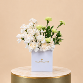 White Roses & Green Carnations in White Flori Mart Box 1