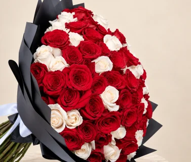 Red and White Rose Bouquet with Black Wrap | 100 Roses 3