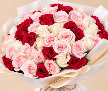 Red, Pink & White Rose Bouquet with White Wrap | 50 Roses 3