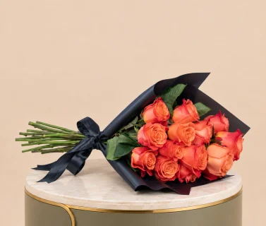 Orange Rose Bouquet with Black Wrap | 15 Roses 2