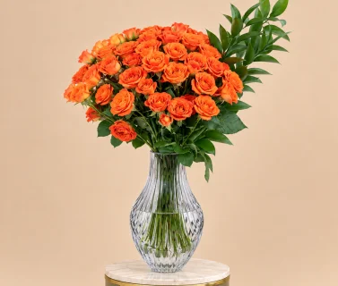 Orange Spray Roses in Clear Glass Vase 1