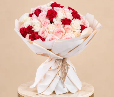 Red, Pink & White Rose Bouquet with White Wrap | 50 Roses 2