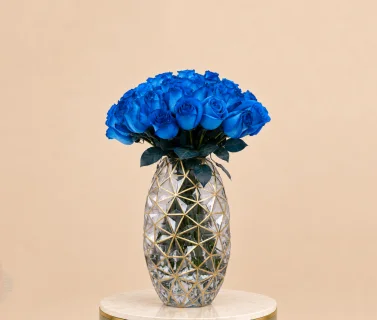 Blue Roses in Gold Geometric Glass Vase 1