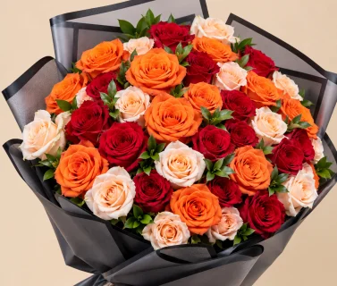 Red, Orange & Peach Rose Bouquet with Black Wrap 3