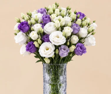 White & Purple Lisianthus in Textured Glass Vase 2