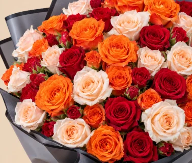 Red, Orange & Peach Rose Bouquet with Black Wrap 4