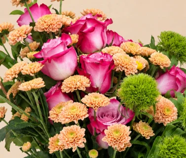 Pink Rose & Peach Chrysanthemum in Blue Glass Vase 4