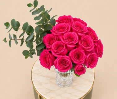 Deep Pink Roses with Eucalyptus in Crystal Glass Vase 3