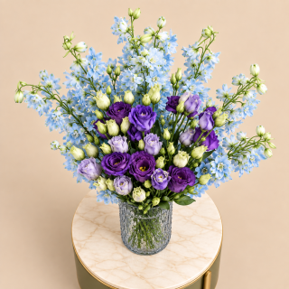Blue Delphinium & Purple Eustoma Glass Vase | Flori Mart 3