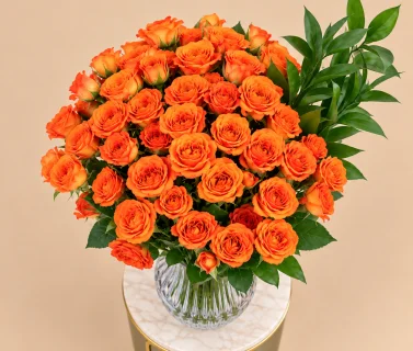 Orange Spray Roses in Clear Glass Vase 3