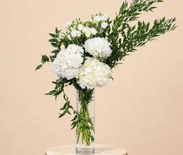 White Hydrangea & White Lisianthus in Clear Glass Vase 1