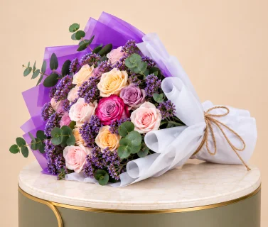 Pink, Peach & Purple Rose Bouquet with Eucalyptus 2