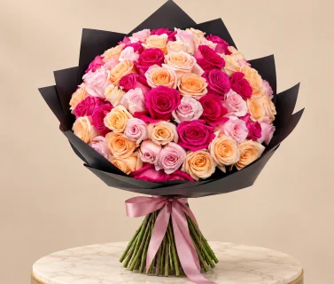 Pink & Peach Rose Bouquet with Black Wrap | 50 Roses 2