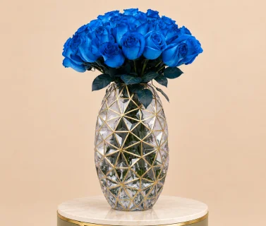 Blue Roses in Gold Geometric Glass Vase 2