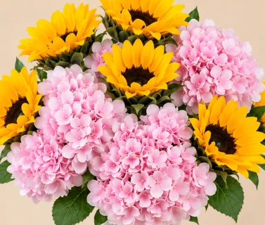 Pink Hydrangea & Sunflower Arrangement in White Vase SEO Title – Arabic 4
