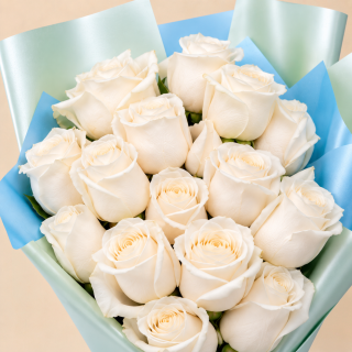 White Rose Bouquet with Blue Wrap | 15 Roses 4