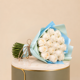 White Rose Bouquet with Blue Wrap | 15 Roses 2