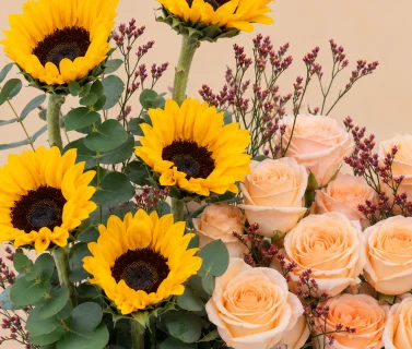 Sunflower & Peach Rose Gift Box with Purple Statice 3