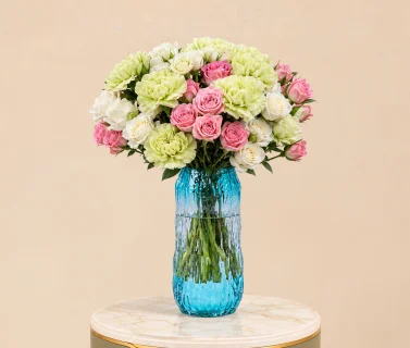 Pink & White Roses with Green Carnations in Blue Glass Vase 1