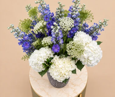 White Hydrangea & Blue Delphinium in Grey Vase 3