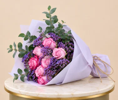 Pink Rose Bouquet with Purple Statice & Eucalyptus | 15 Roses 3