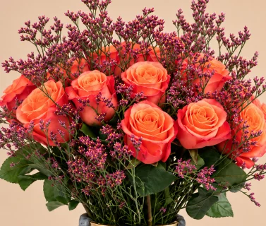 Orange Roses with Purple Statice in Grey & Gold Vase 4