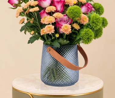 Pink Rose & Peach Chrysanthemum in Blue Glass Vase 2