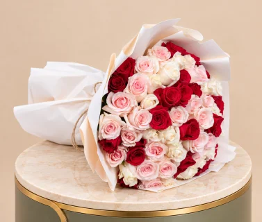 Red, Pink & White Rose Bouquet with White Wrap | 50 Roses