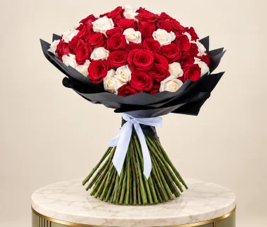 Red and White Rose Bouquet with Black Wrap | 100 Roses