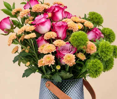 Pink Rose & Peach Chrysanthemum in Blue Glass Vase 3