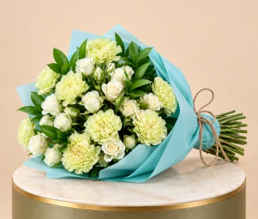 White Rose Bouquet with Green Carnations | 25 Roses 2