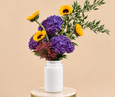 Purple Hydrangea & Sunflower in White Vase 1