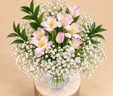 Pink Tulips & Baby’s Breath in Clear Glass Vase 3