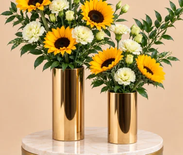 Sunflower & Green Carnation in Two Gold Vases 2
