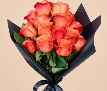 Orange Rose Bouquet with Black Wrap | 15 Roses 3