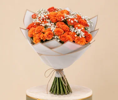 Orange Rose Bouquet with Baby’s Breath & White Wrap 2